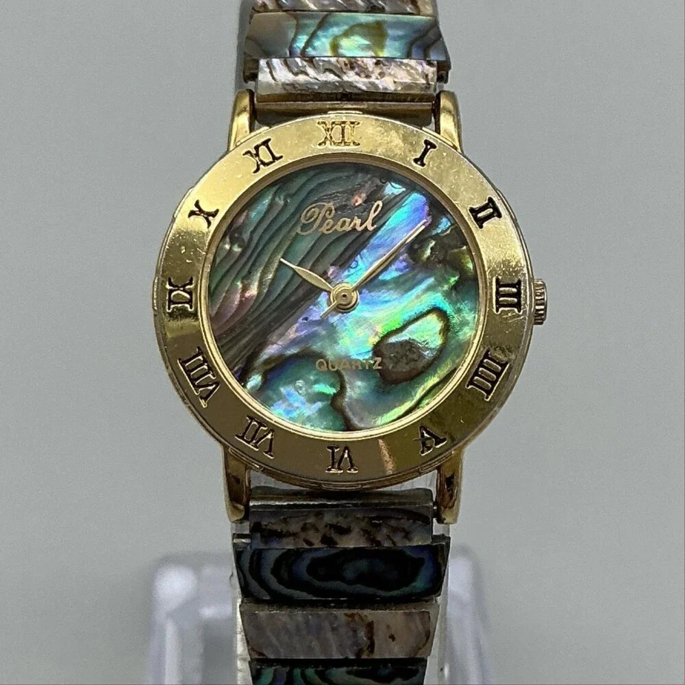 Vintage Pearl Womens Watch 24mm Abalone Dial Gold Tone Stretch Band New Battery